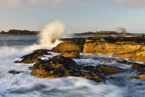 Wave breaking on rocks on the coast