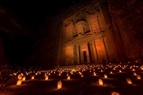 Candles in front of the Pharaoh's treasure house at night
