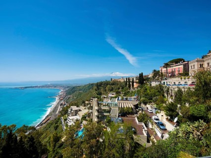 View on the coast of Taormina and Mount Etna