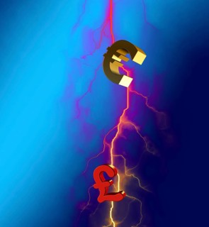 Euro hits British pound sign with lightning bolt