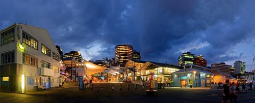 Panorama of Queens Wharf illuminated in the evening