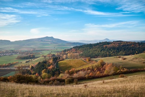 Hilly landscape with Hohenstoffeln and Hohenhewen in autumn