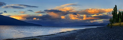Shore of Lake Te Anau at sunset