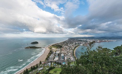 Panoramic view of Mount Maunganui and Tauranga Harbour