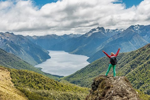 Female hiker looking at the South Fiord of Lake Te Anau