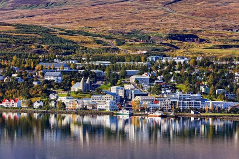 View from the east over the fjord Eyjafjorour to Akureyri