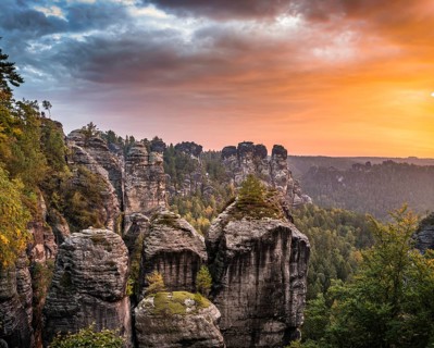 Schrammsteine around the Bastei at sunrise