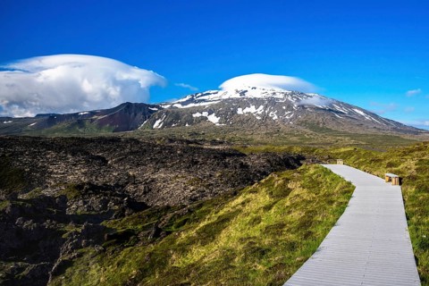 Boardwalk through volcanic rock