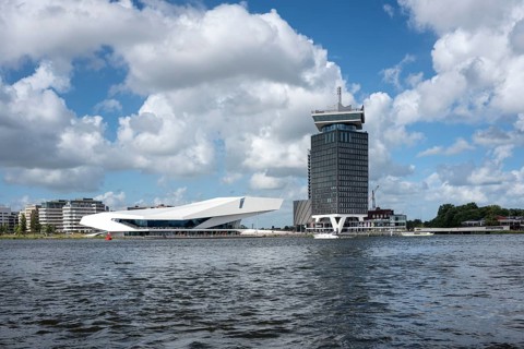 View over the Amstel to the EYE Film Institute Netherlands at the IJpromenade