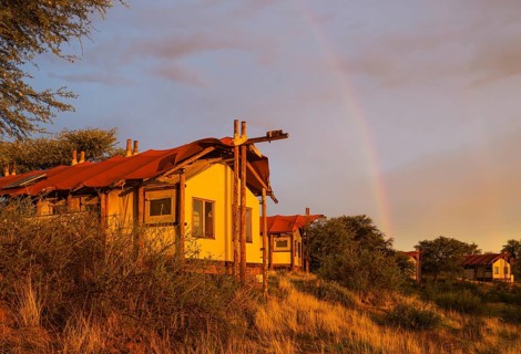 Stilt canvas tents of the Kalahari Tented Camp at ridge of sand dune