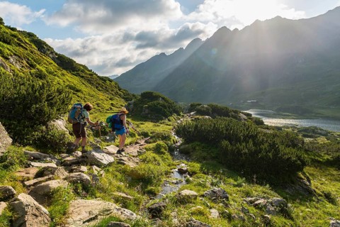 Two hikers on a trail in the morning