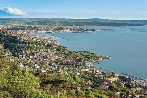 View from the panoramic path Strada Vicentina or Strada Napoleonica at the Karst plateau of the port and Gulf of Trieste