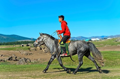 Boy rides on a horse through the steppe