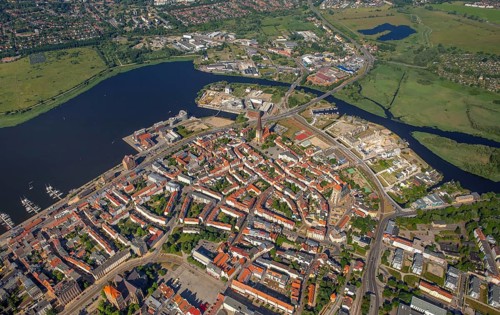 Historic centre with St. Peter's Church and River Unterwarnow