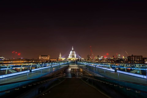 Illuminated Millennium Bridge and St. Paul's Cathedral