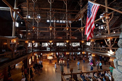 Lobby of Old Faithful Inn Hotel