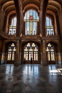Decorated lead glass windows in the historic hospital complex Hospital de Sant Pau