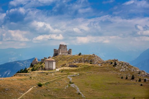 Panoramic view of Gran Sasso mountain with Santa Maria della Pieta and Rocca Calascio