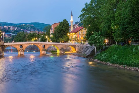 Latin bridge over the Miljacka river at sunset