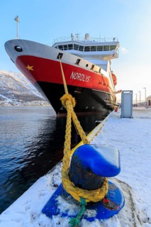 Hurtigruten MS Nordlys docked at harbor