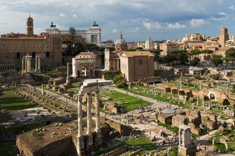 Top view of Roman Forum ruins with Temple of Vesta