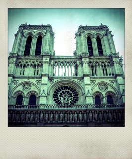 Vintage polaroid photo of facade of Notre Dame Cathedral
