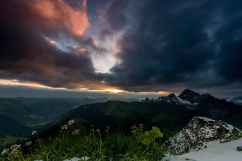 View from Zafernhorn at sunrise with dark clouds