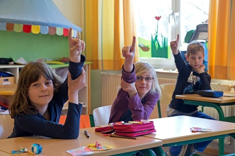 Students in elementary school with raised hands in classroom