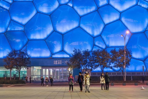People in front of National Aquatics Center in the Olympic Park