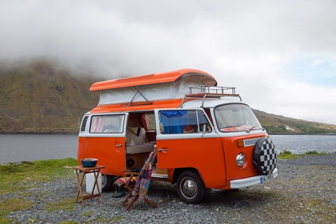 Camping with VW bus on the waterfront