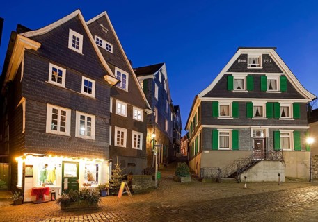 Clapboard houses at dusk