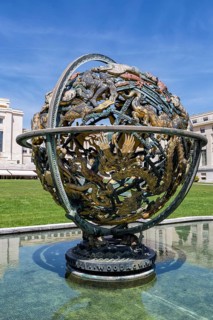 Wilson globe in front of UN headquarters