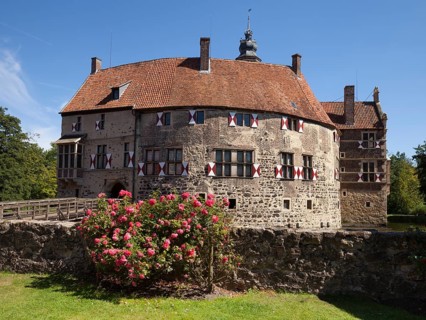 Vischering Castle with roses and moat