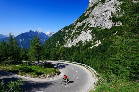 Cyclists on the pass road between Vrsic