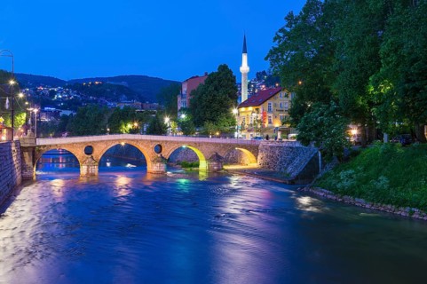 Latin bridge over the Miljacka river at sunset
