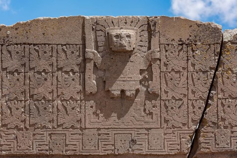 Detail of sun gate with ornamental figures from the pre-Inca period