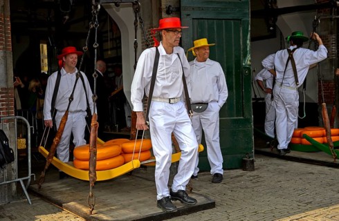 Cheese wheels being weighed