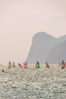 Many windsurfers with colorful sails