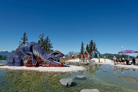Playground and fountains at Triassic Park on Steinplatte