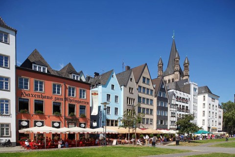 Houses and restaurants along Rhine river bank