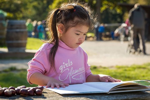 Eurasian girl sitting at wooden table with chestnuts