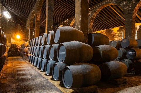 Stacked oak barrels in the wine cellar