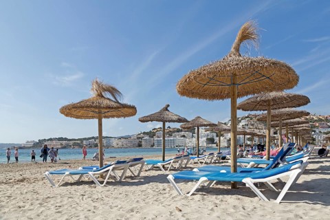 Beach with deck chairs and parasols
