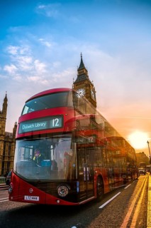 Red double decker bus in front of Big Ben