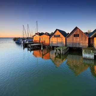 Boat houses in the harbour at Saaler Bodden