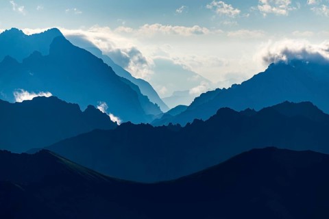 Ehrwald mountains in blue morning mist
