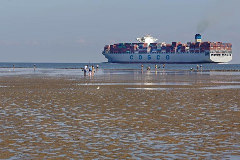 Container ship in the Wadden Sea