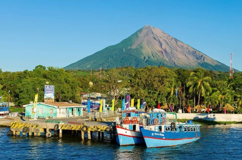 Ferry port Moyogalpa on the island of Ometepe with the volcano Concepcion