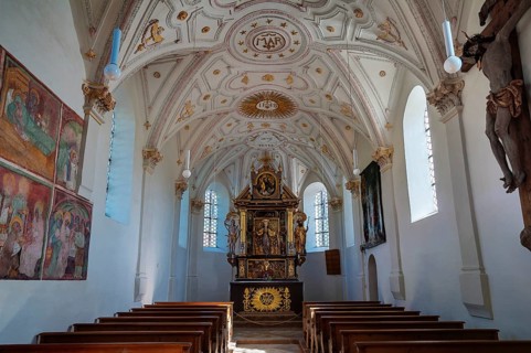 Interior with altar of Chapel of Maria Schutz in Fischbachau