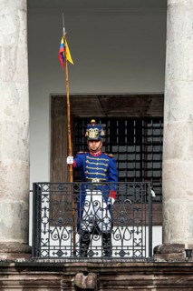 Soldier of the Presidential Guard keeps watch on balcony
